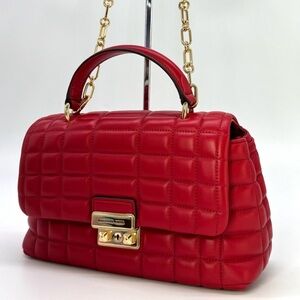 Michael Kors Tribeca Medium Quilted Leather Satchel Bag Crimson Red